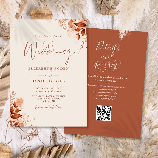 Invitation Rustique Automne automne Floral QR Code Mariage