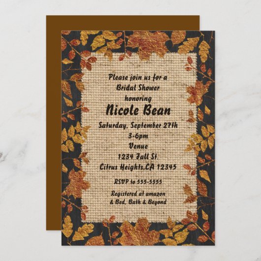 Invitation Rustique Automne Automne Tone d'or Feuilles & Burl (Devant / Derrière)