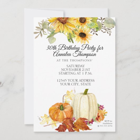 Invitation Rustique Automne Fête d'anniversaire Citrouille Fe (Devant)