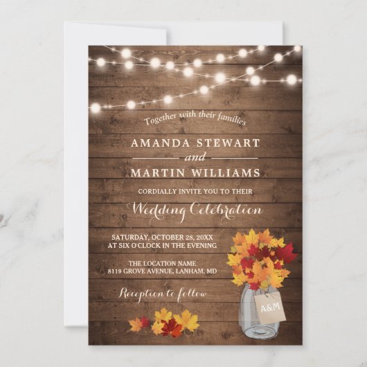 Invitation Rustique Automne Feuille  Érable Éclairage Mariage (Devant)