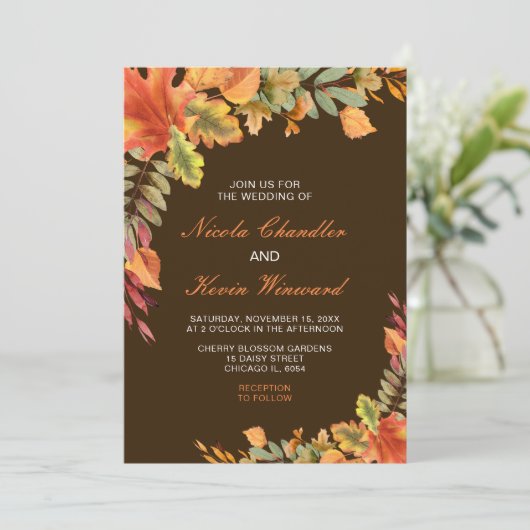 Invitation Rustique Automne Feuilles Mariage (Debout devant)
