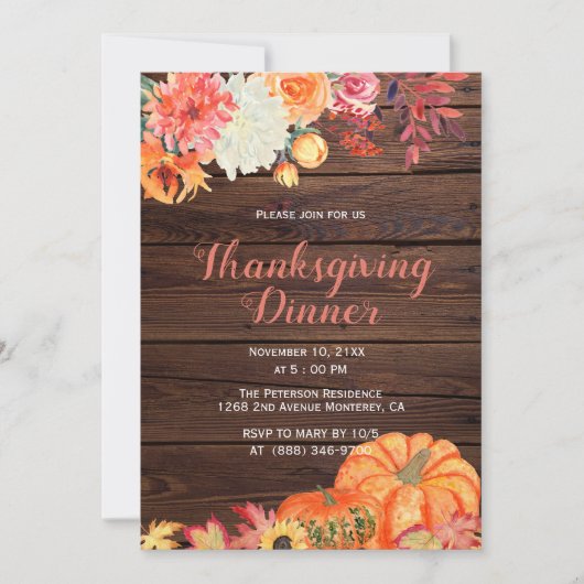 Invitation Rustique Automne Floral Bois Thanksgiving Invitati (Devant)