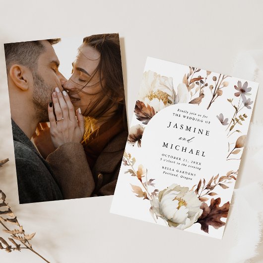 Invitation Rustique Automne Floral Circle Frame Photo Mariage