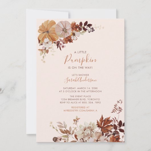 Invitation Rustique Automne Floral Citrouille Baby shower ros (Devant)