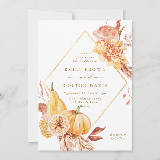 Invitation Rustique Automne Floral Citrouille Mariage Gold Sc (Devant)