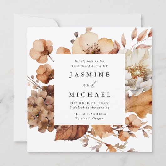 Invitation Rustique Automne Floral Frame Carré Photo Mariage (Devant)