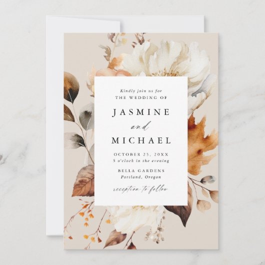 Invitation Rustique Automne Floral Frame Photo Mariage (Devant)