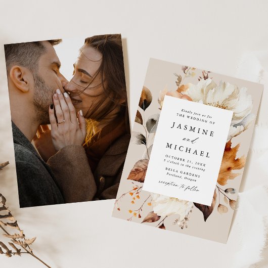 Invitation Rustique Automne Floral Frame Photo Mariage