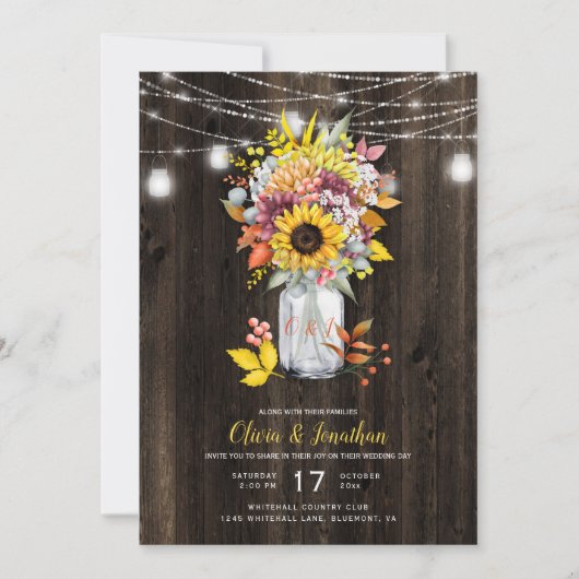 Invitation Rustique Automne Floral Mason Jar Barn Mariage en (Devant)