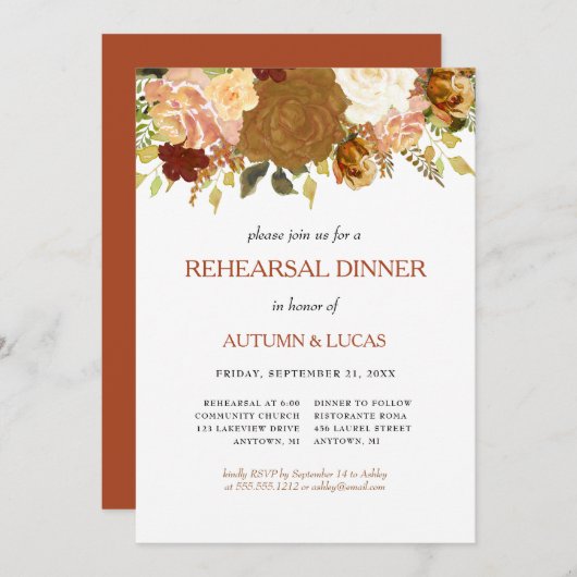 Invitation Rustique Automne Floral Rust Dîner Inv (Devant / Derrière)