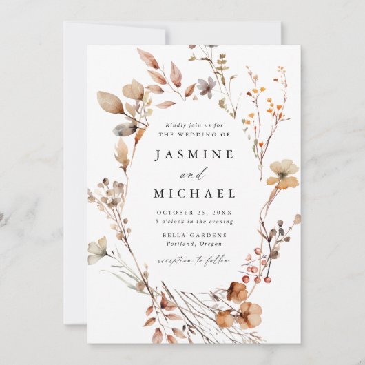 Invitation Rustique Automne Floral Wreath Photo Mariage (Devant)