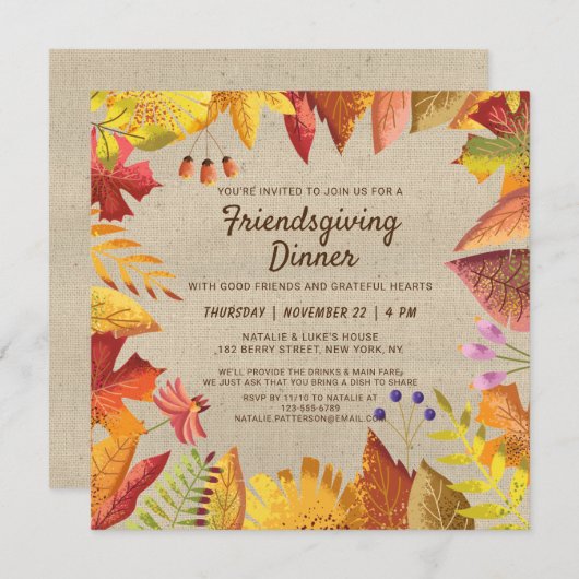 Invitation Rustique automne Friendsgiving Diner Aquarelle Flo (Devant / Derrière)