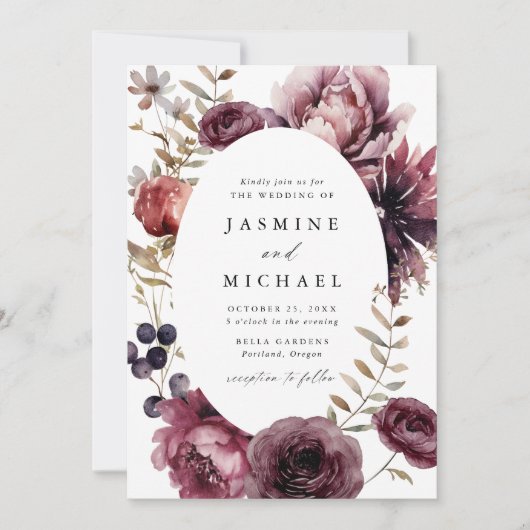 Invitation Rustique Automne Marsala Floral Frame Mariage (Devant)