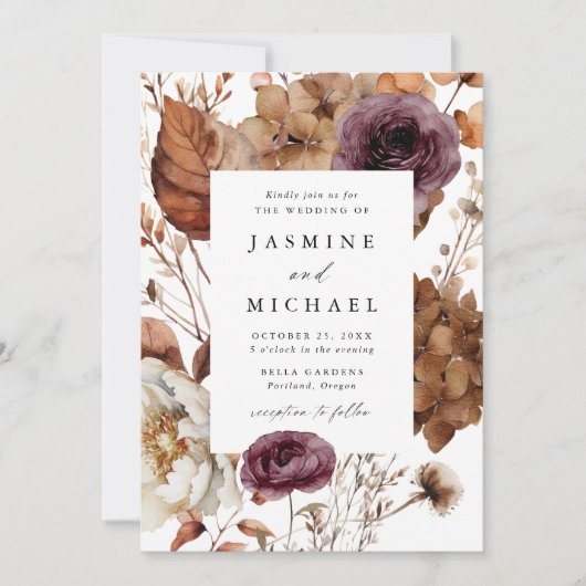 Invitation Rustique Automne Marsala Floral Frame Mariage (Devant)