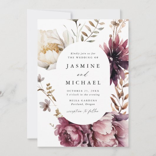 Invitation Rustique Automne Marsala Floral Frame Mariage (Devant)