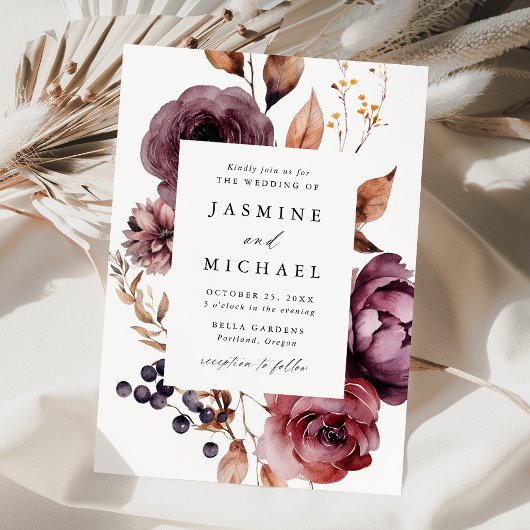 Invitation Rustique Automne Marsala Floral Frame Mariage