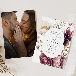 Invitation Rustique Automne Marsala Floral Frame Photo Mariag