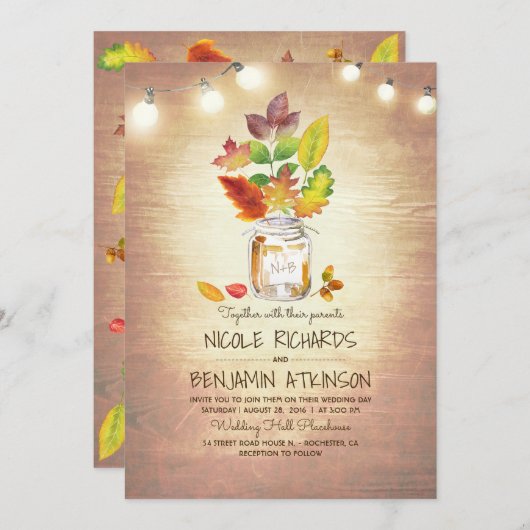 Invitation Rustique Automne Mason Jar et String Mariage (Devant / Derrière)