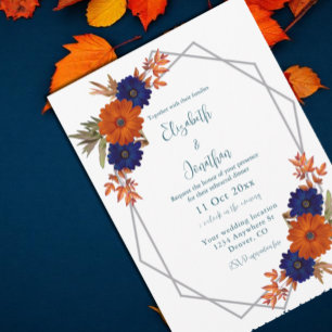 Invitation Rustique Automne Orange Blue Floral Dîner de répét