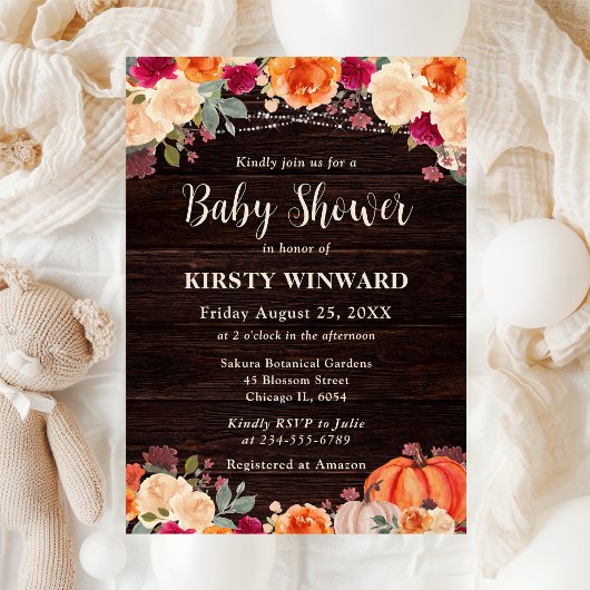 Invitation Rustique Automne Orange Citrouille Baby shower Flo
