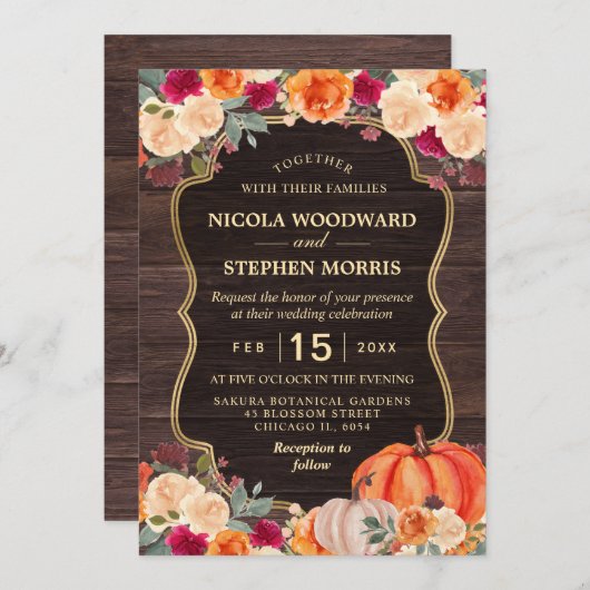 Invitation Rustique Automne Orange Citrouille mariage à fleur (Devant / Derrière)