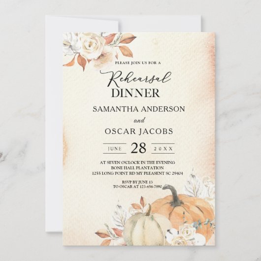 Invitation Rustique Automne Orange Citrouilles & Fleurs (Devant)