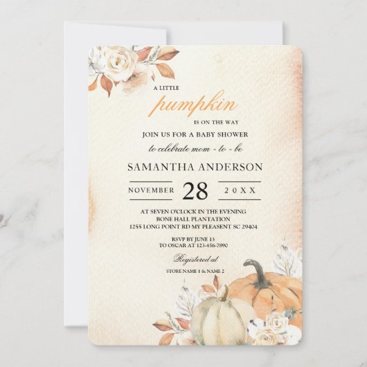 Invitation Rustique Automne Orange Citrouilles & Fleurs (Devant)