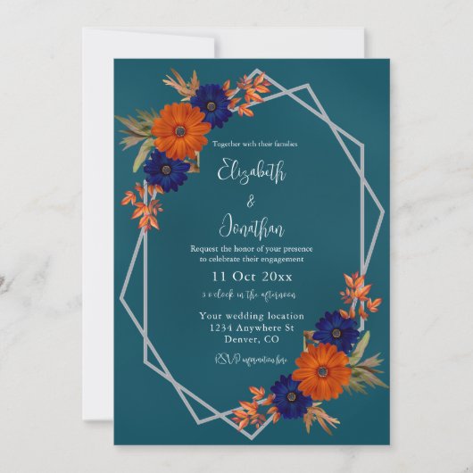 Invitation Rustique Automne Orange Navy Bleu Floral Fiançaill (Devant)
