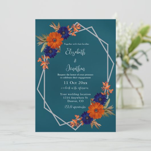 Invitation Rustique Automne Orange Navy Bleu Floral Fiançaill (Debout devant)