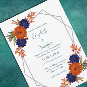 Invitation Rustique Automne Orange Navy Bleu Floral Fiançaill