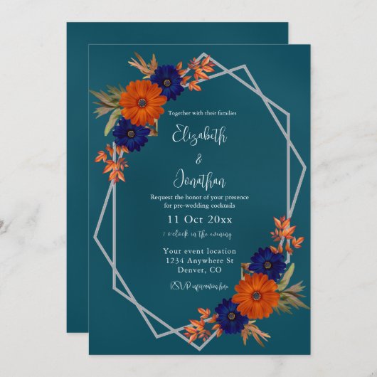 Invitation Rustique Automne Orange Navy Blue Mariage Cocktail (Devant / Derrière)