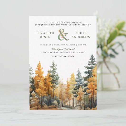 Invitation Rustique Automne Pins d'automne Arbres QR Code Mar (Debout devant)