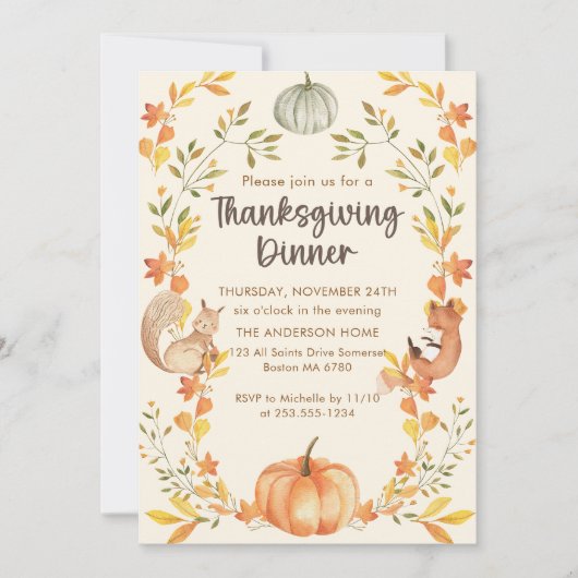 Invitation Rustique Automne quitte Citrouille Thanksgiving Dî (Devant)