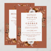 Invitation Rustique Automne Terracotta Floral QR Code Mariage (Devant / Derrière)