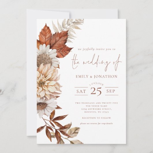 Invitation Rustique Automne Terracotta Florals QR Code Mariag (Devant)