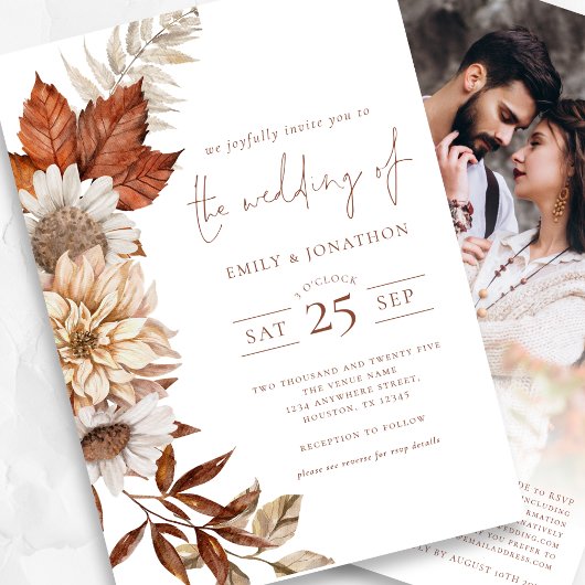 Invitation Rustique Automne Terracotta Florals QR Code Mariag