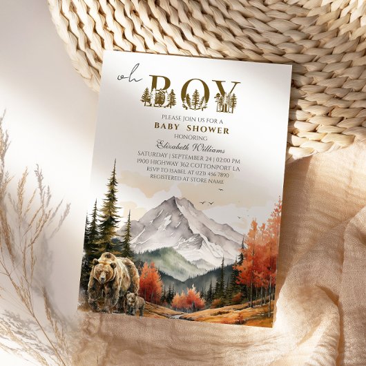 Invitation Rustique Autumn Mountain Bear Baby shower d'aventu