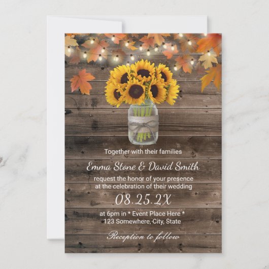 Invitation Rustique Autumn Sunflower Jar String Mariage (Devant)