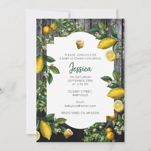 Invitation Rustique Baby shower de jardin d'agrume (Devant)
