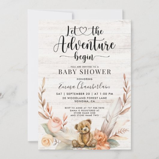 Invitation Rustique Baby shower douche aventure commence (Devant)