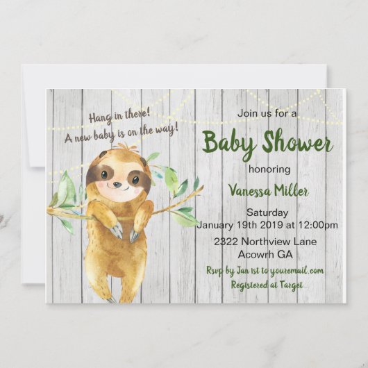 Invitation Rustique Baby shower Sloth (Devant)