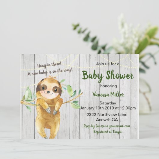Invitation Rustique Baby shower Sloth (Debout devant)