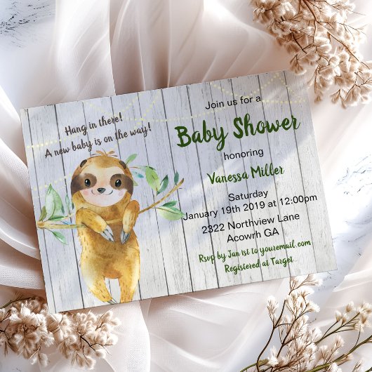 Invitation Rustique Baby shower Sloth