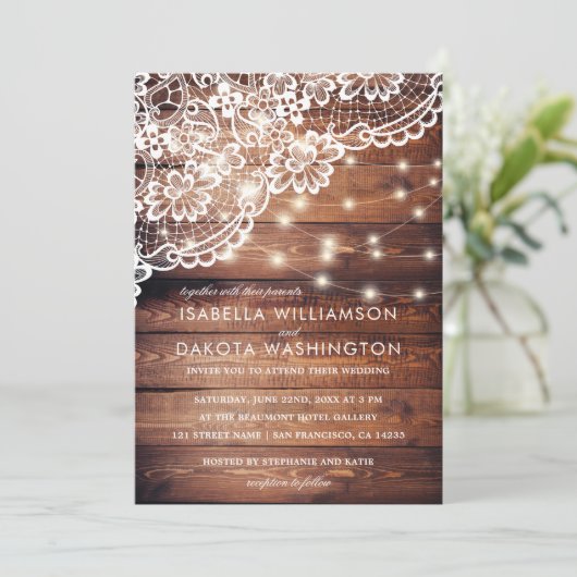 Invitation Rustique Barne Bois Dentelle et String Mariage (Debout devant)