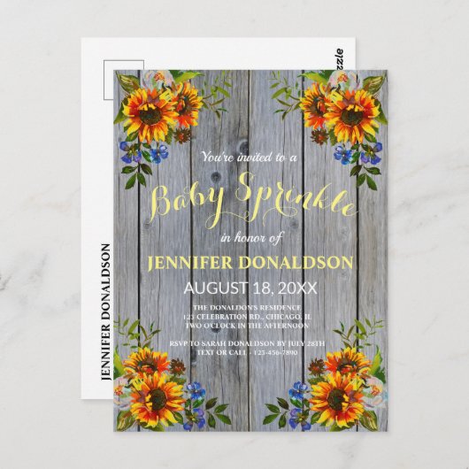 Invitation Rustique Barnwood Sunflower Baby Sprink (Devant / Derrière)