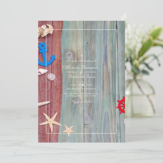 Invitation Rustique Beach Nautique QR Code RSVP Mariage (Debout devant)