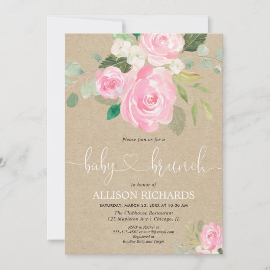 Invitation Rustique bébé brunch fille douche rose floral (Devant)