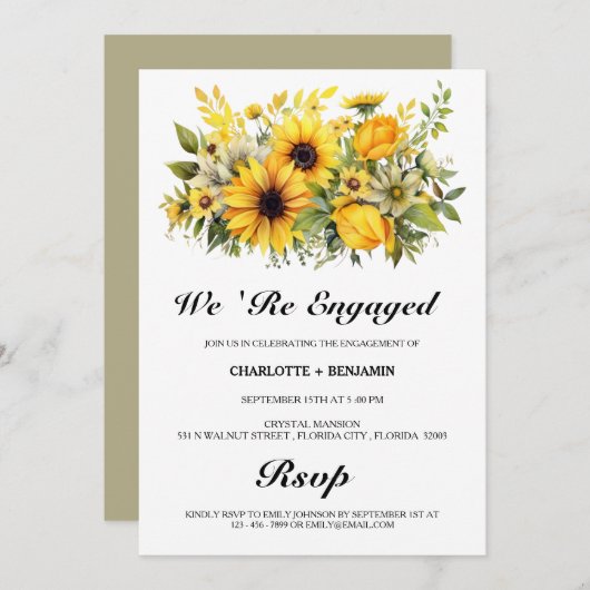 Invitation Rustique belle fête d'engagement de tournesol (Devant / Derrière)