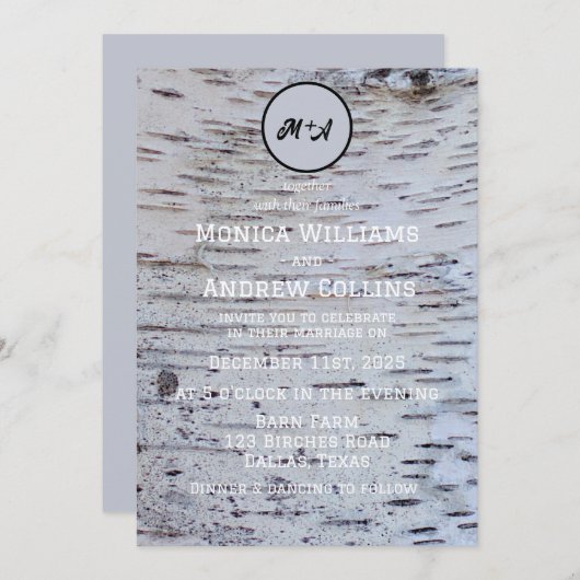 Invitation Rustique Birch Tree Pays Élégant Mariage d'écorce (Devant / Derrière)