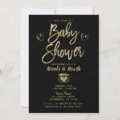 Invitation Rustique Black White Stripes & Baby shower Or (Devant)